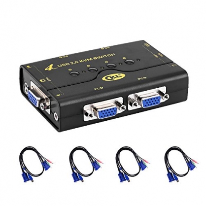 VGA KVM Switch 4 Puertos + Kits de Cable + USB 2.0 HUB Soporte de Audio Micrófono 2048 * 1536 450MHz, 4 computadoras Compartiendo PC Monitor Teclado Mouse Impresora Escáner Jump Drive CKL-41UA